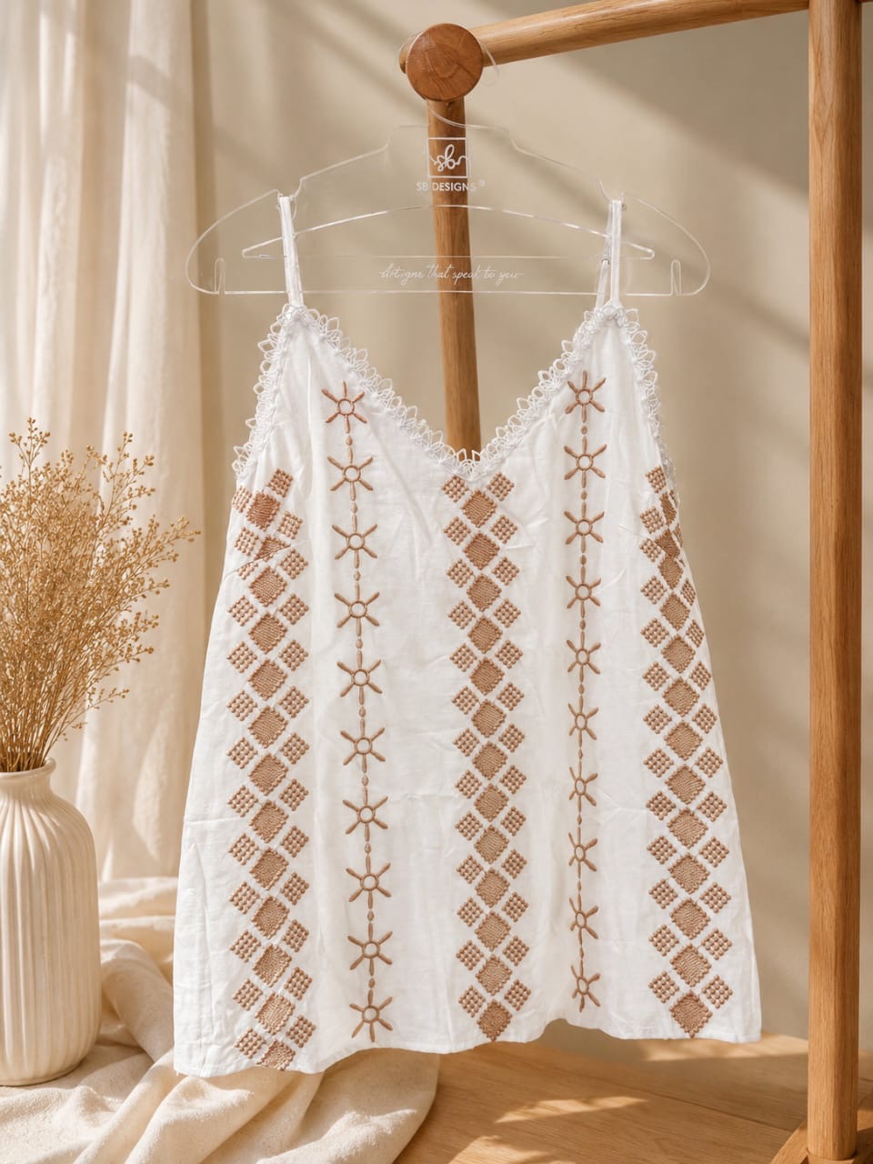 White strappy Tank top Embroidery