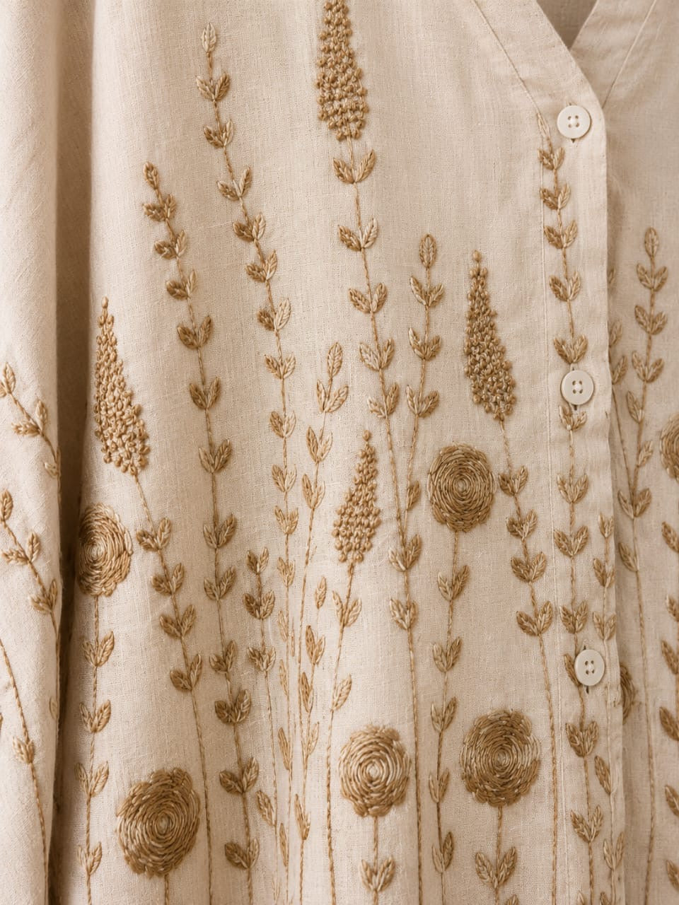 Beige Linen Embroidery Blend Blouse