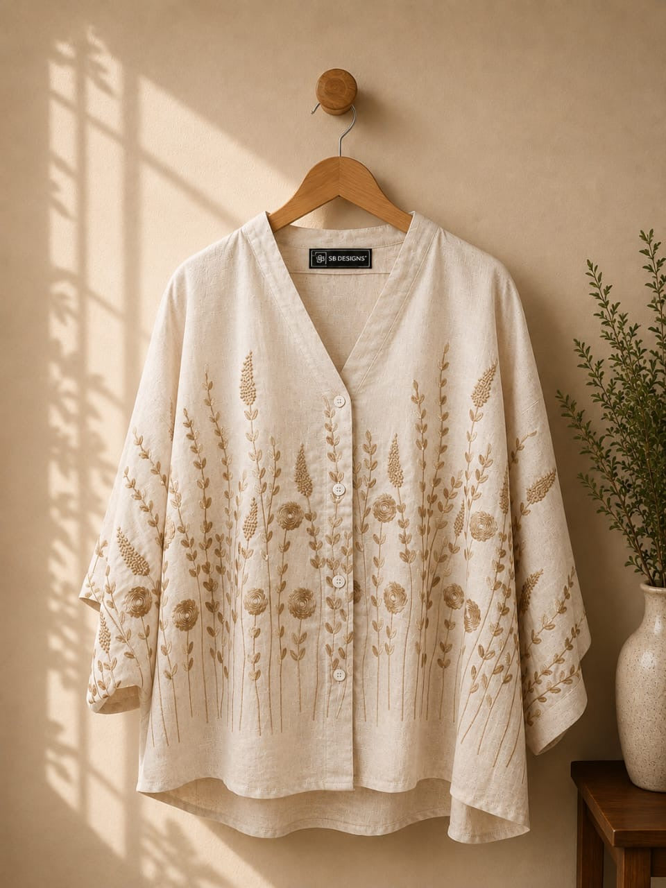 Beige Linen Embroidery Blend Blouse