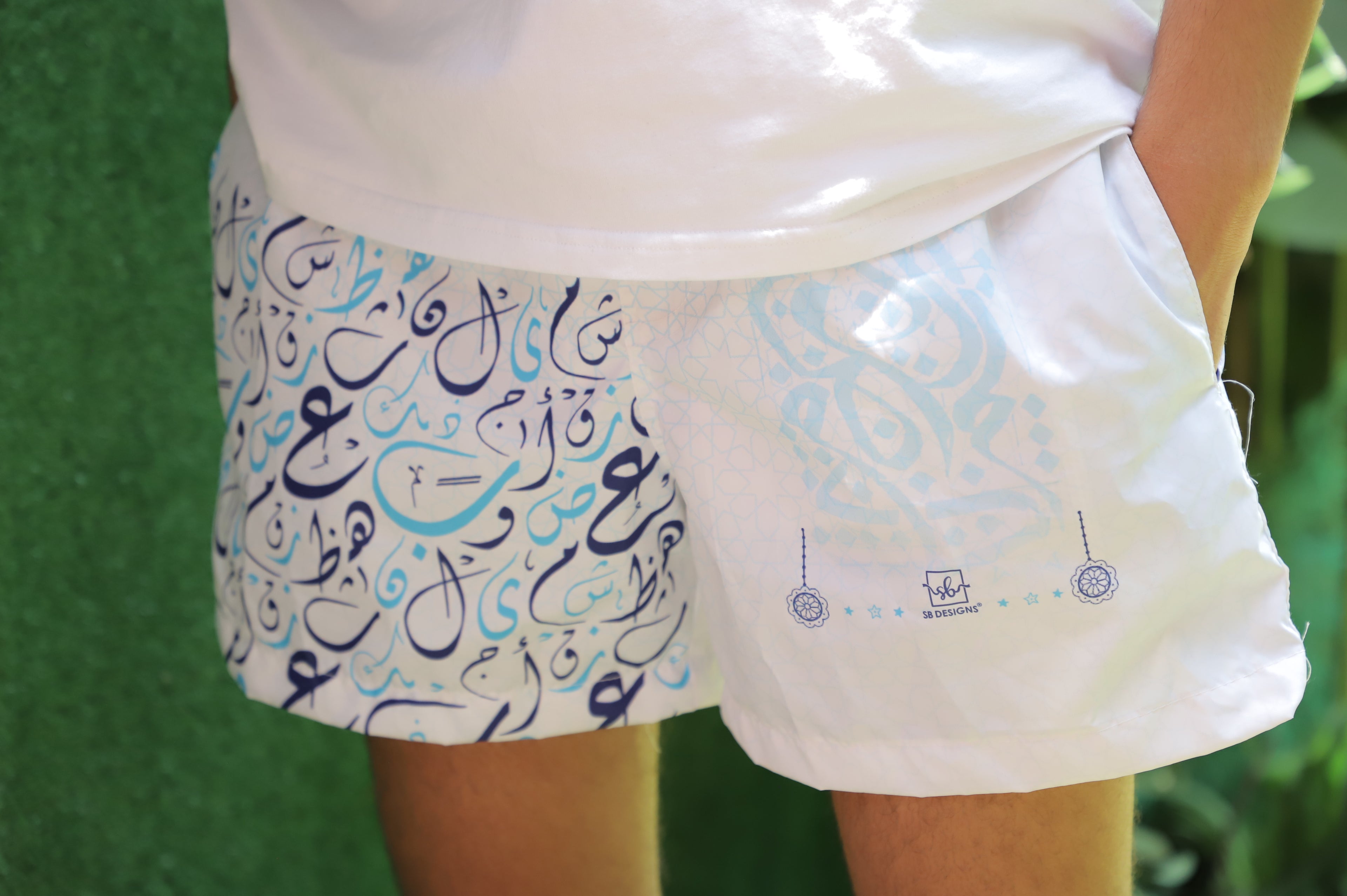White Arabic Blue Trunks