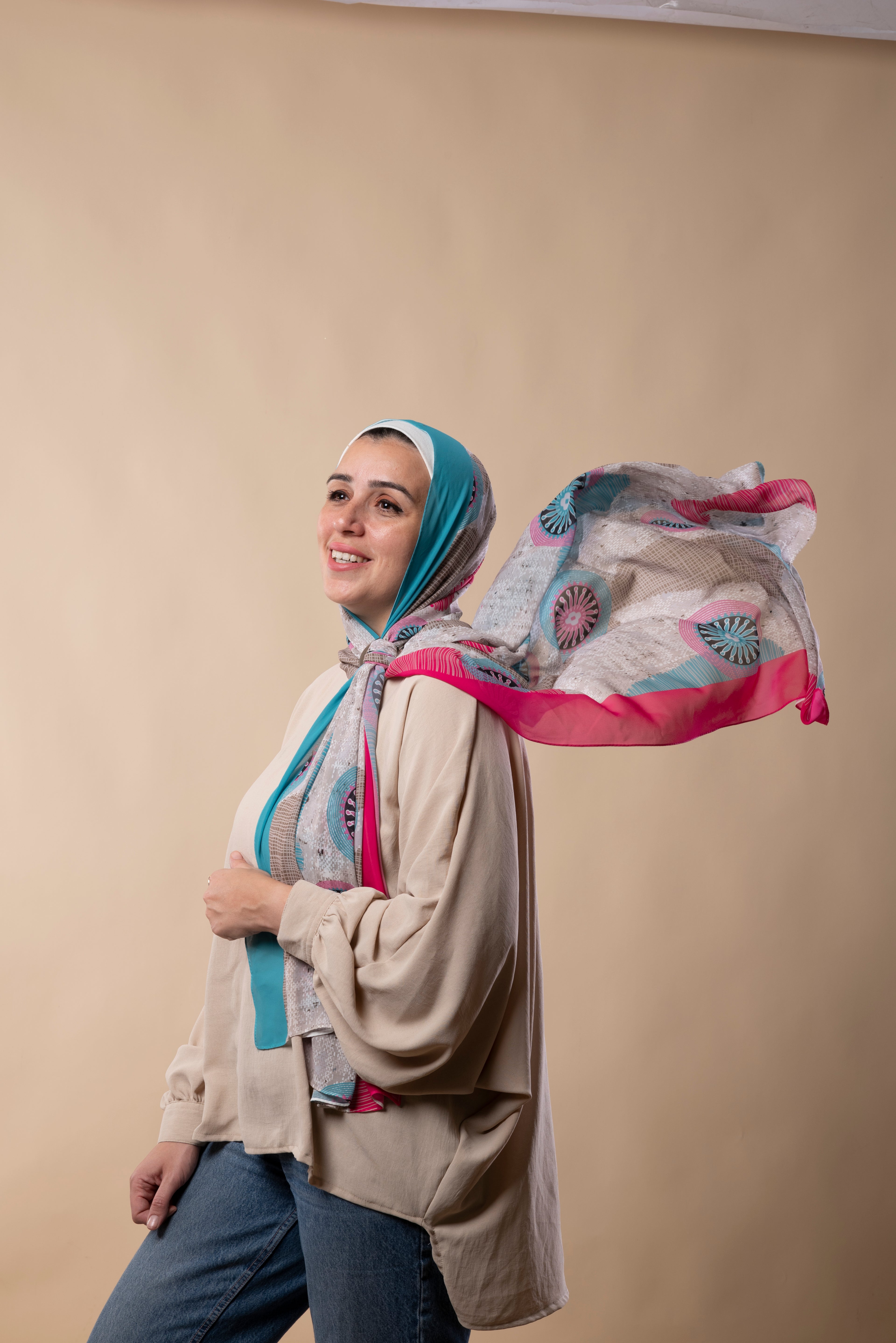 Mint Pink Wheels Chiffon Scarf