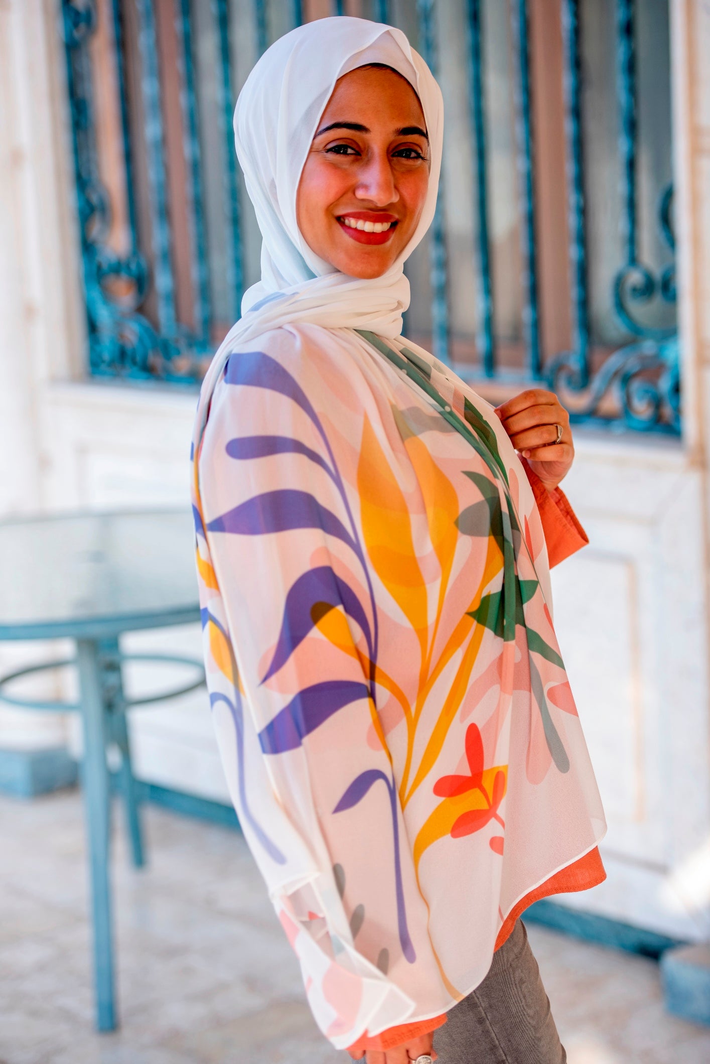 White Colors Leaves Chiffon Scarf