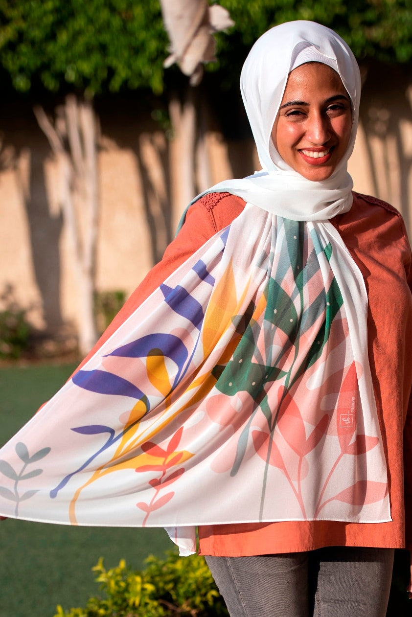 White Colors Leaves Chiffon Scarf