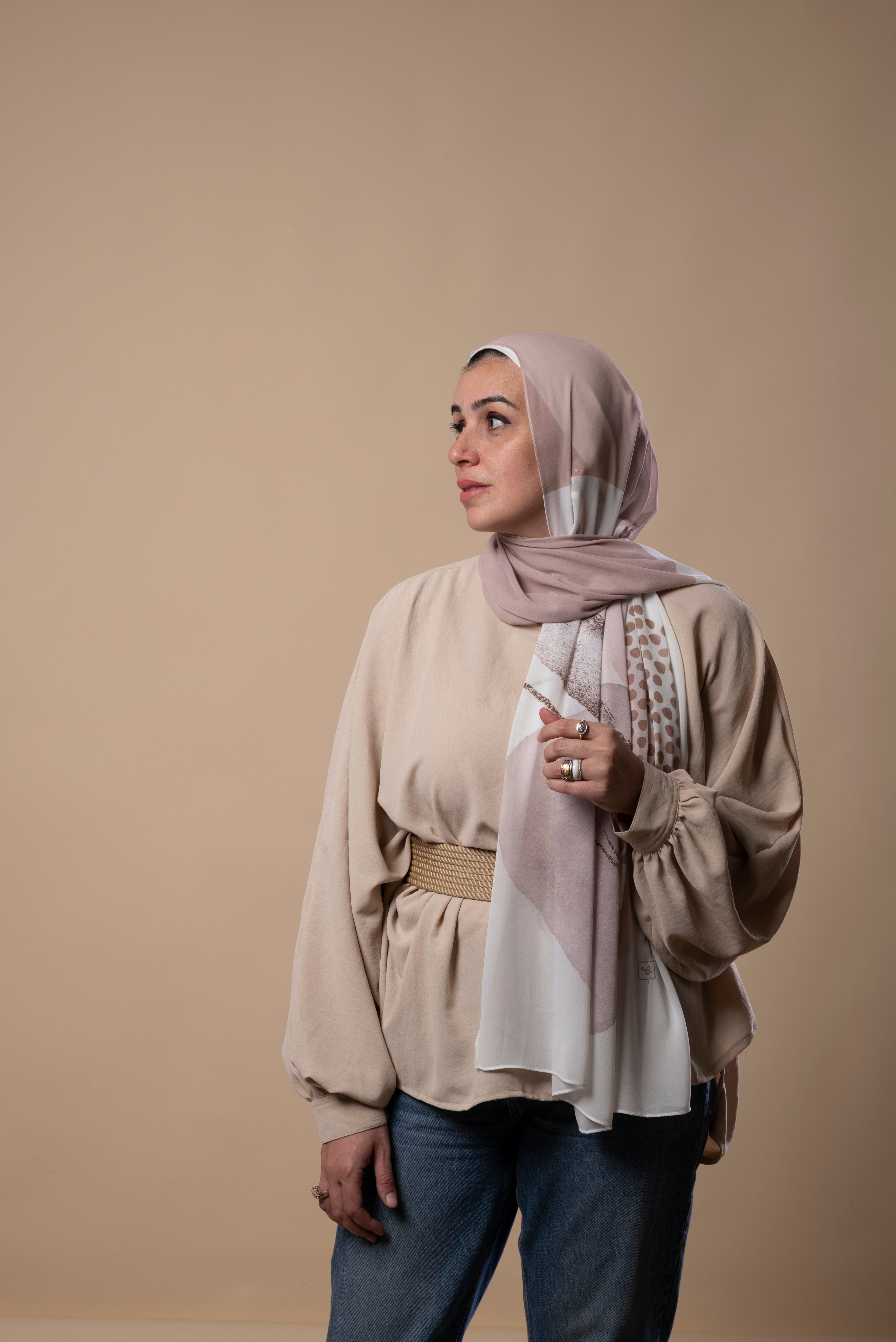 White Beige Stain Chiffon Scarf