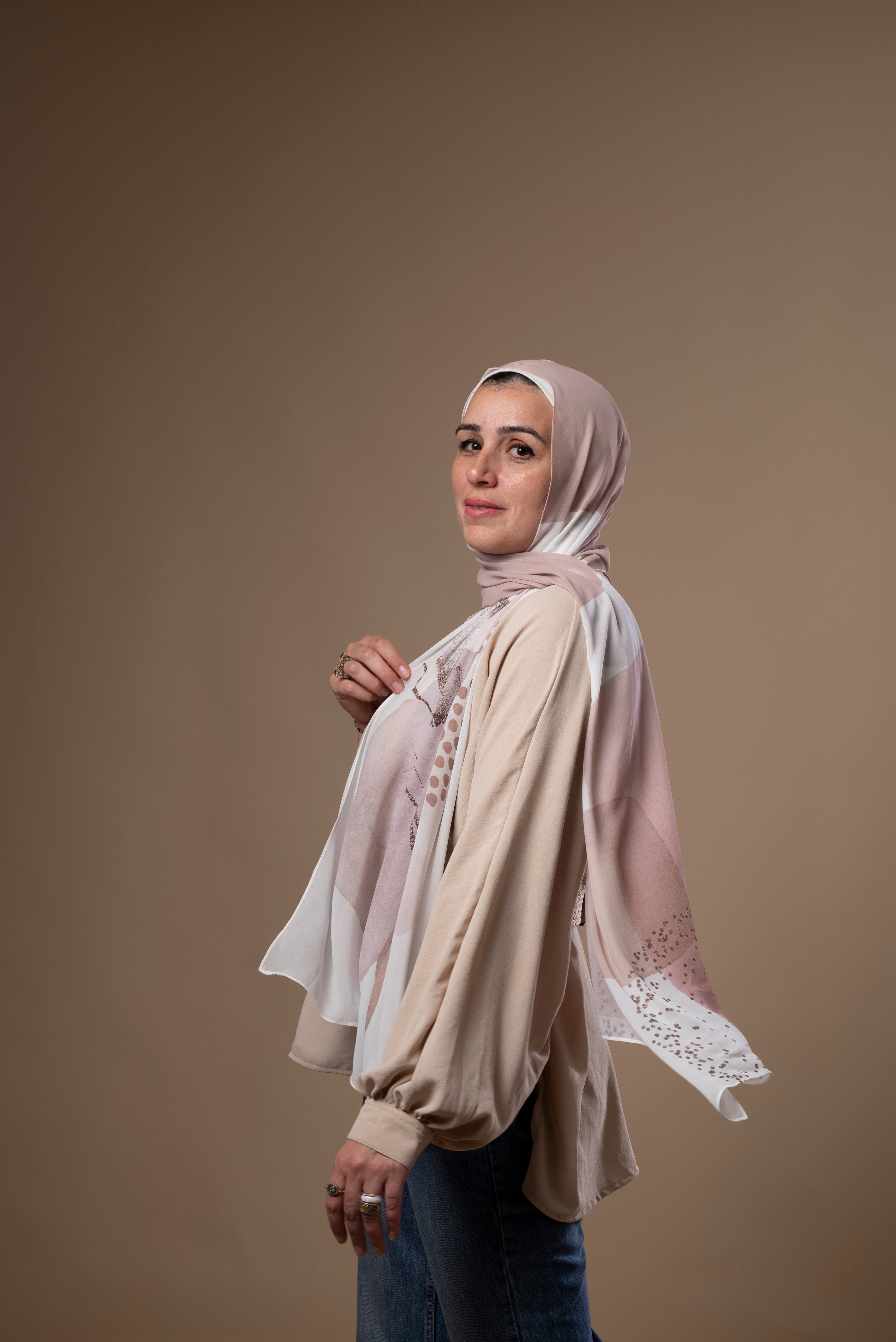 White Beige Stain Chiffon Scarf