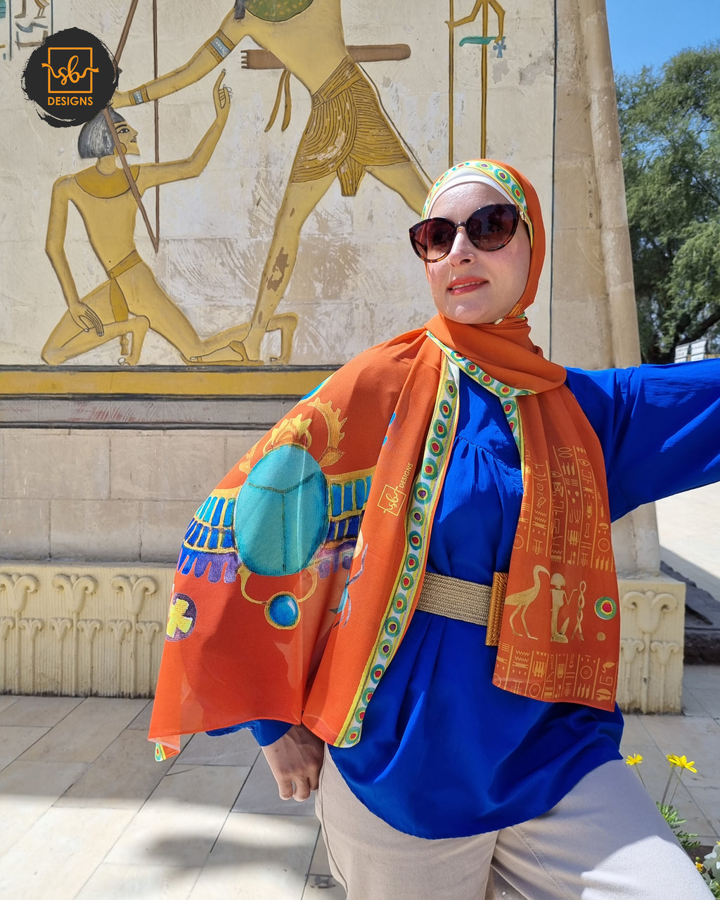 Orange Pharaonic Scarab Chiffon Scarf