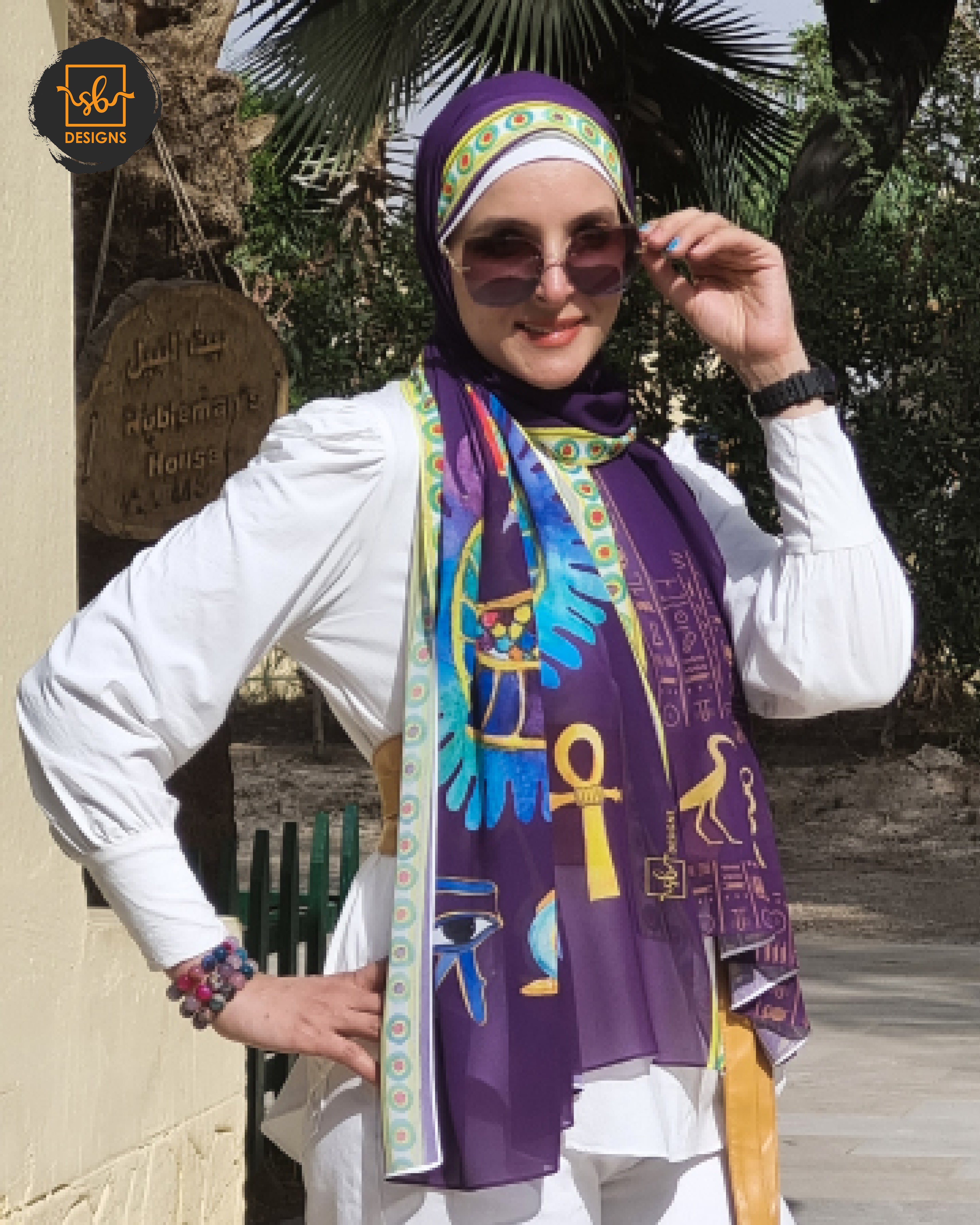 Purple Pharaonic Eagle Chiffon Scarf