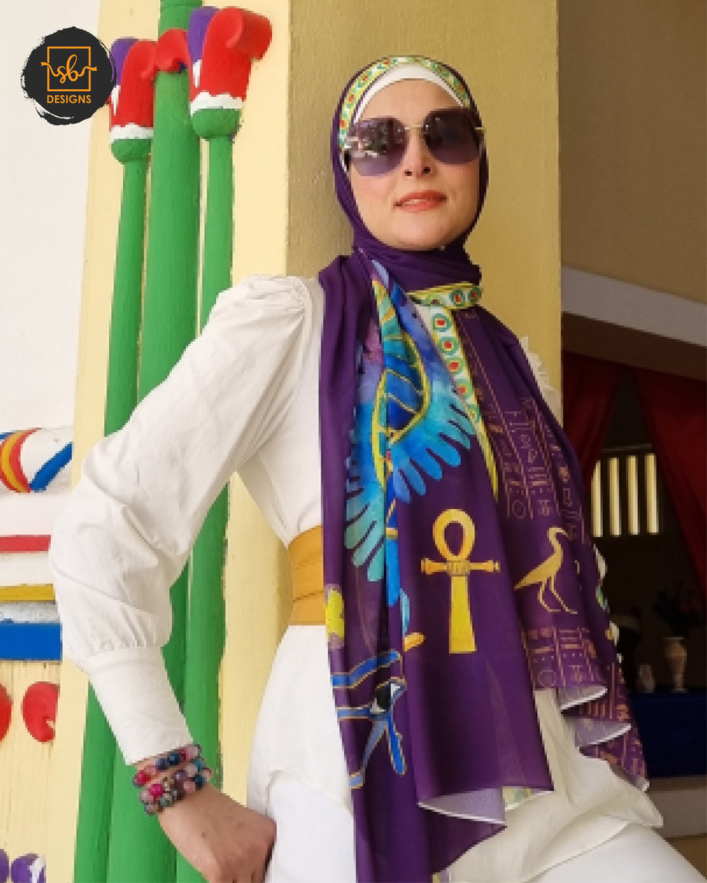 Purple Pharaonic Eagle Chiffon Scarf