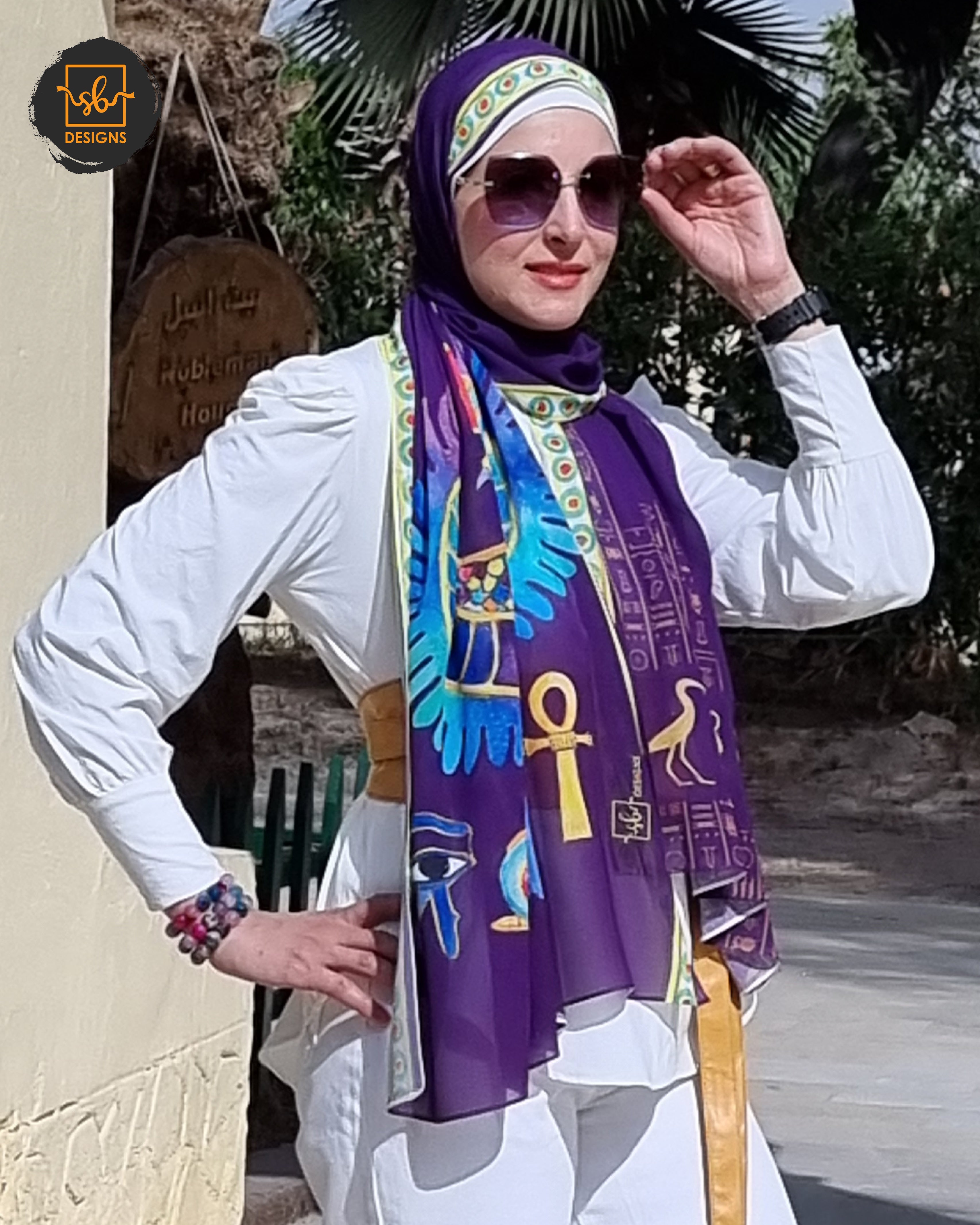 Purple Pharaonic Eagle Chiffon Scarf