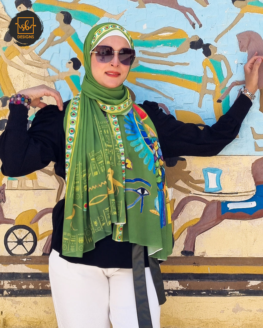 Green Pharaonic Eagle Chiffon Scarf