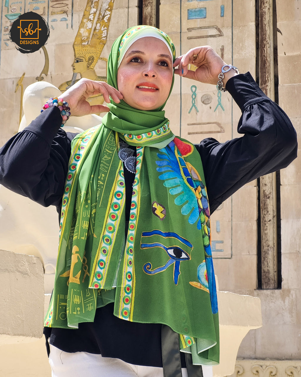 Green Pharaonic Eagle Chiffon Scarf