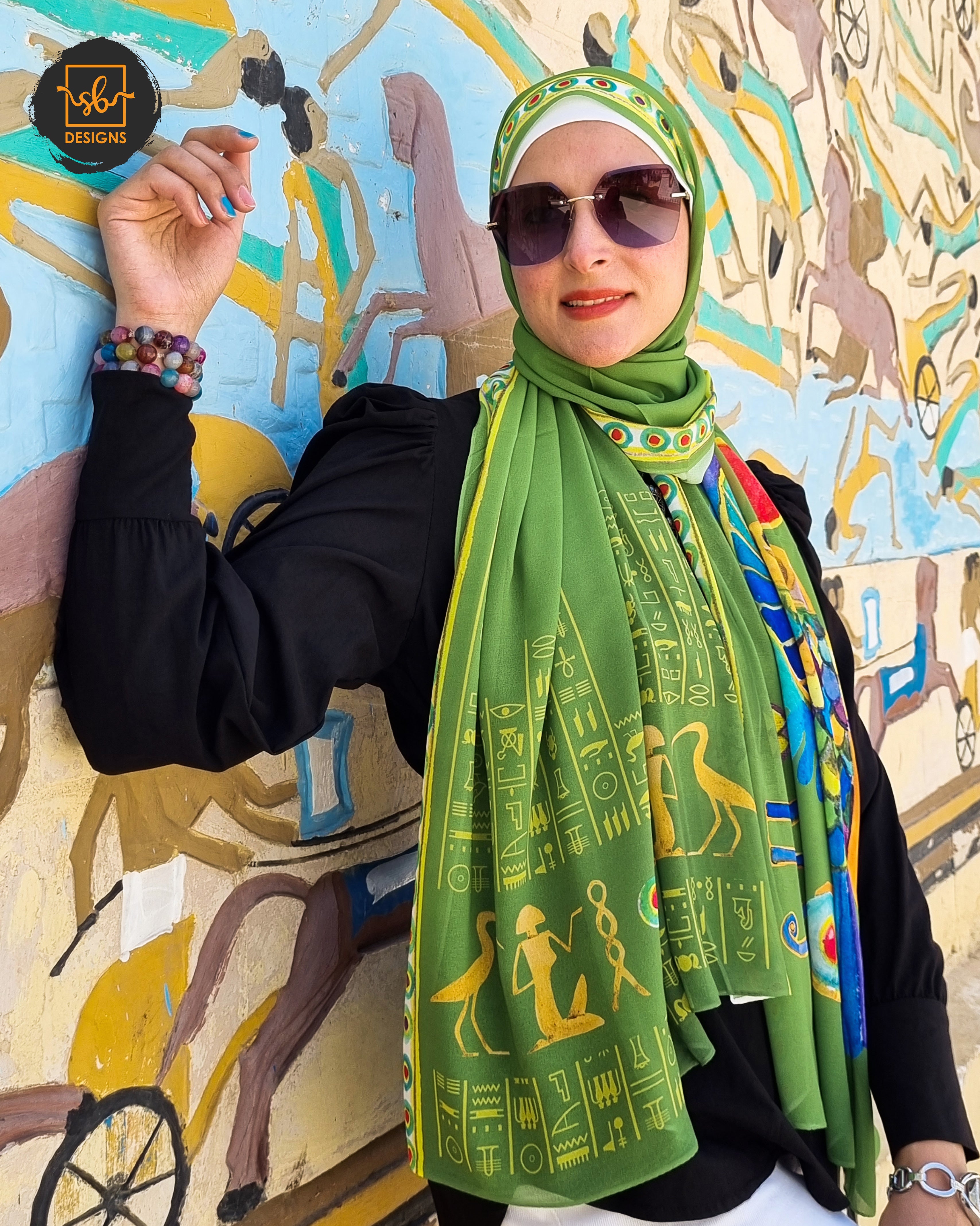 Green Pharaonic Eagle Chiffon Scarf