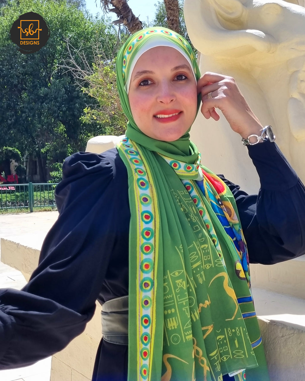 Green Pharaonic Eagle Chiffon Scarf