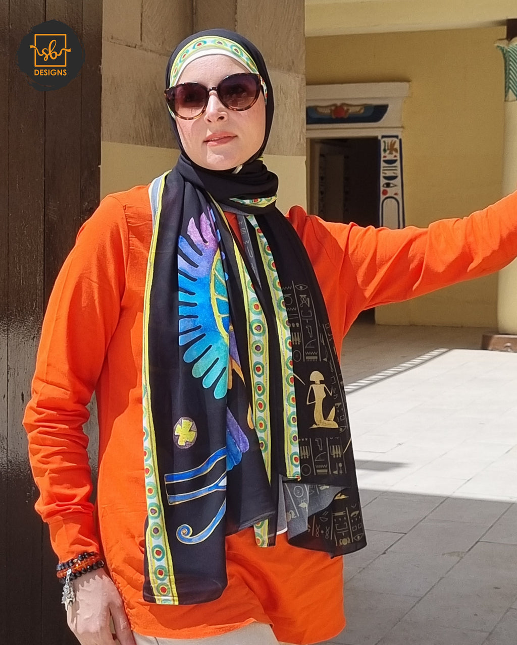 Black Pharaonic Eagle Chiffon Scarf