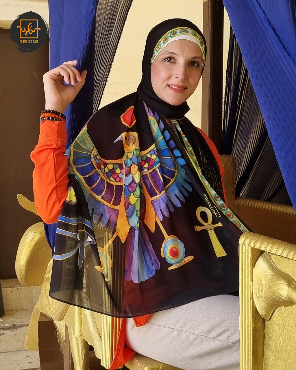 Black Pharaonic Eagle Chiffon Scarf