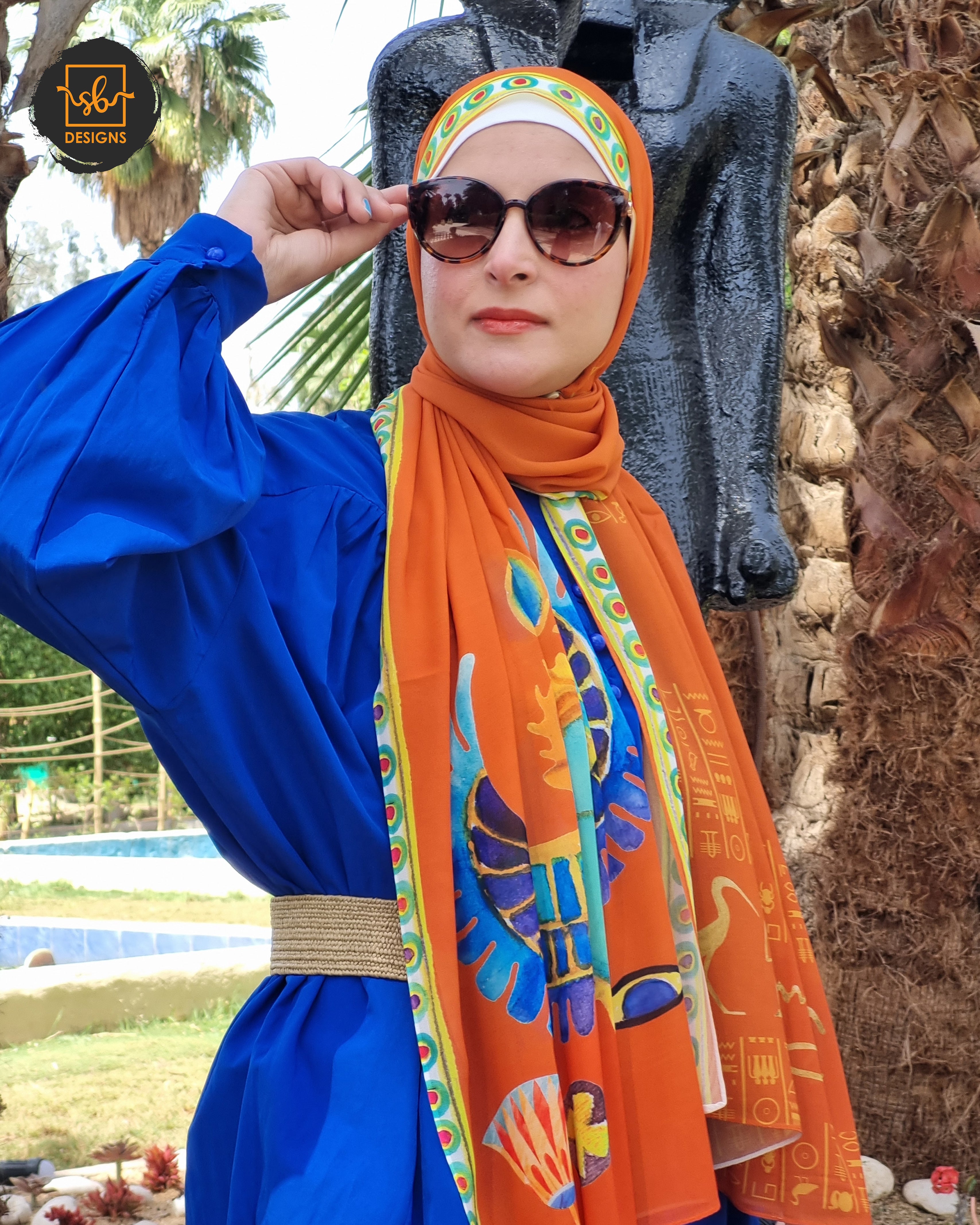 Orange Pharaonic Scarab Chiffon Scarf