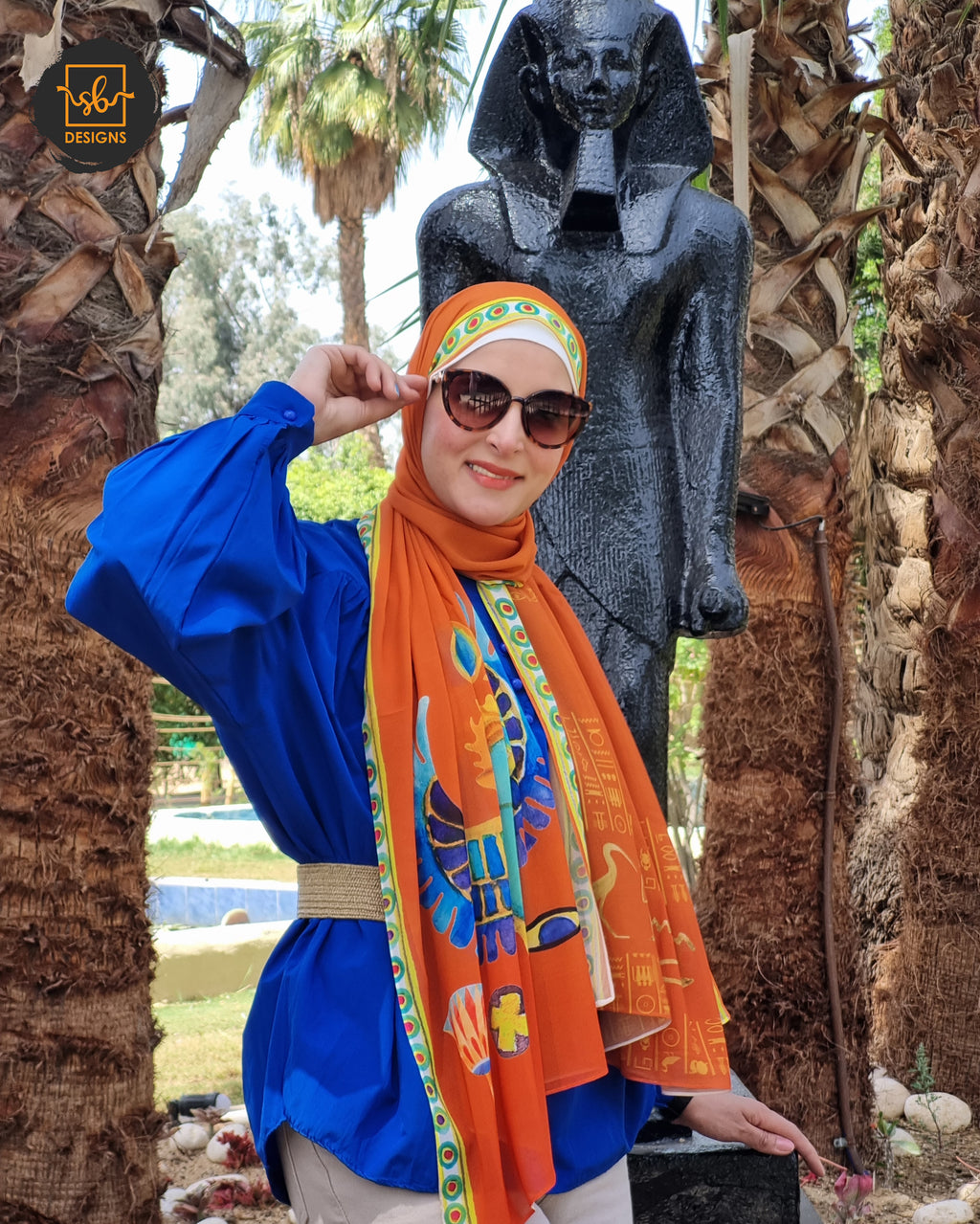 Orange Pharaonic Scarab Chiffon Scarf