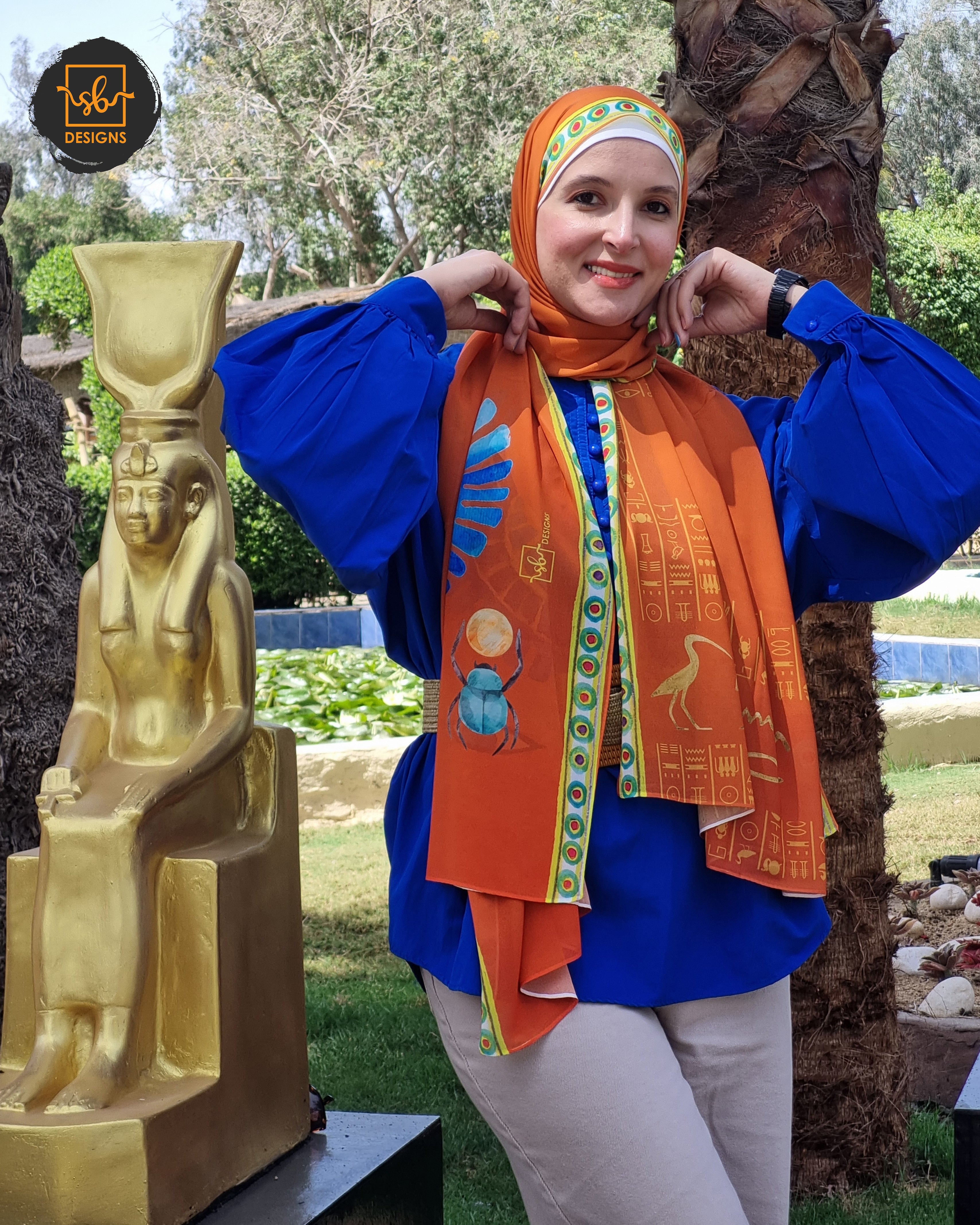 Orange Pharaonic Scarab Chiffon Scarf