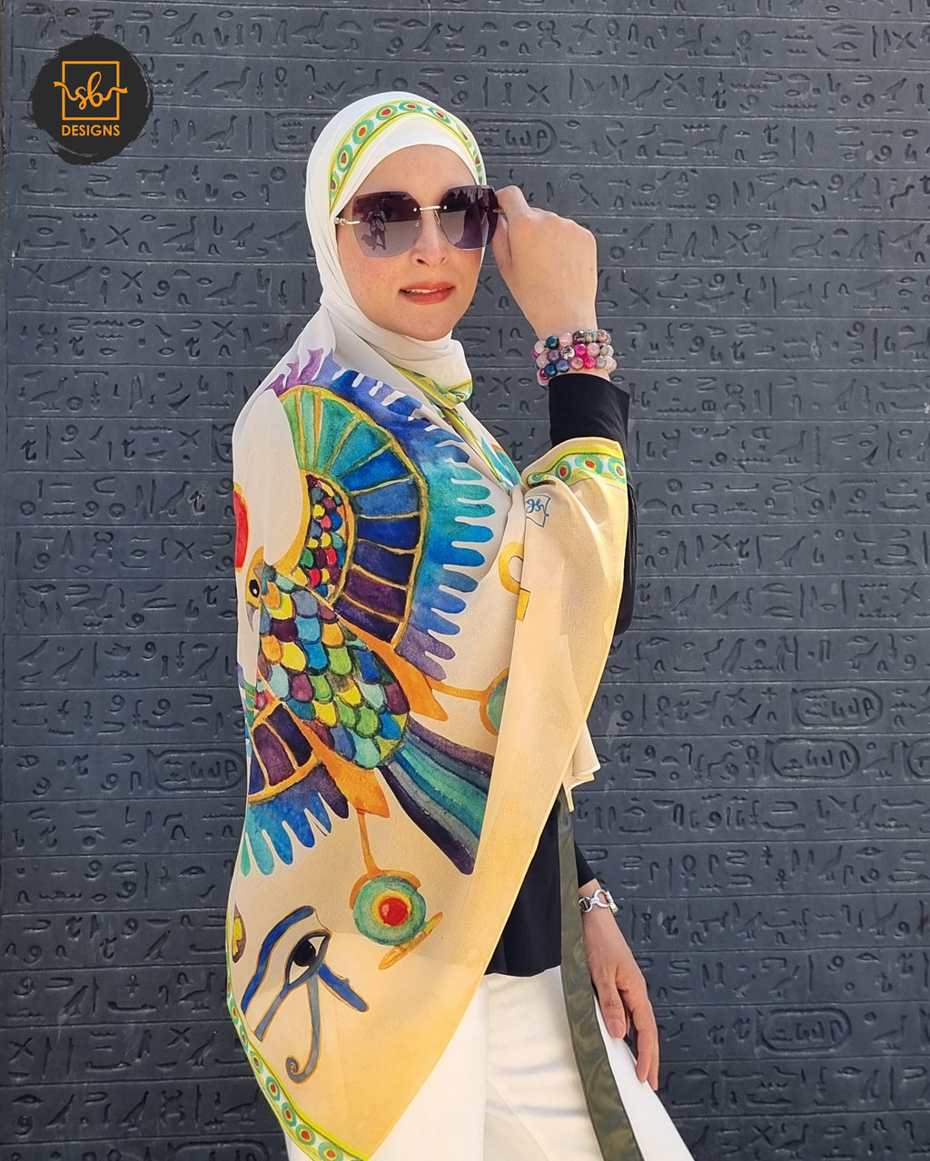 Cream Pharaonic Eagle Chiffon Scarf