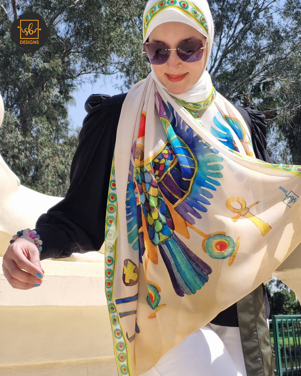 Cream Pharaonic Eagle Chiffon Scarf