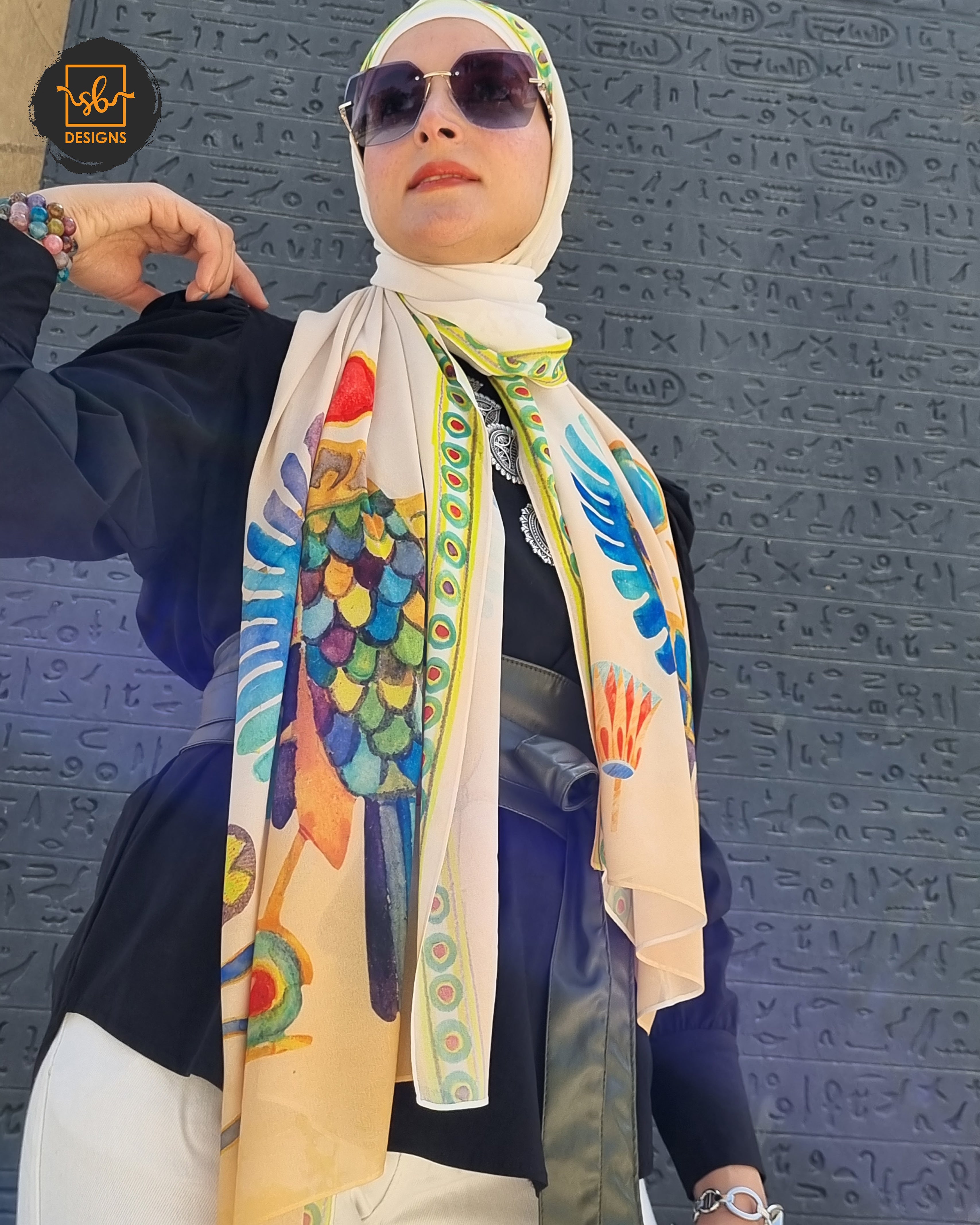 Cream Pharaonic Eagle Chiffon Scarf