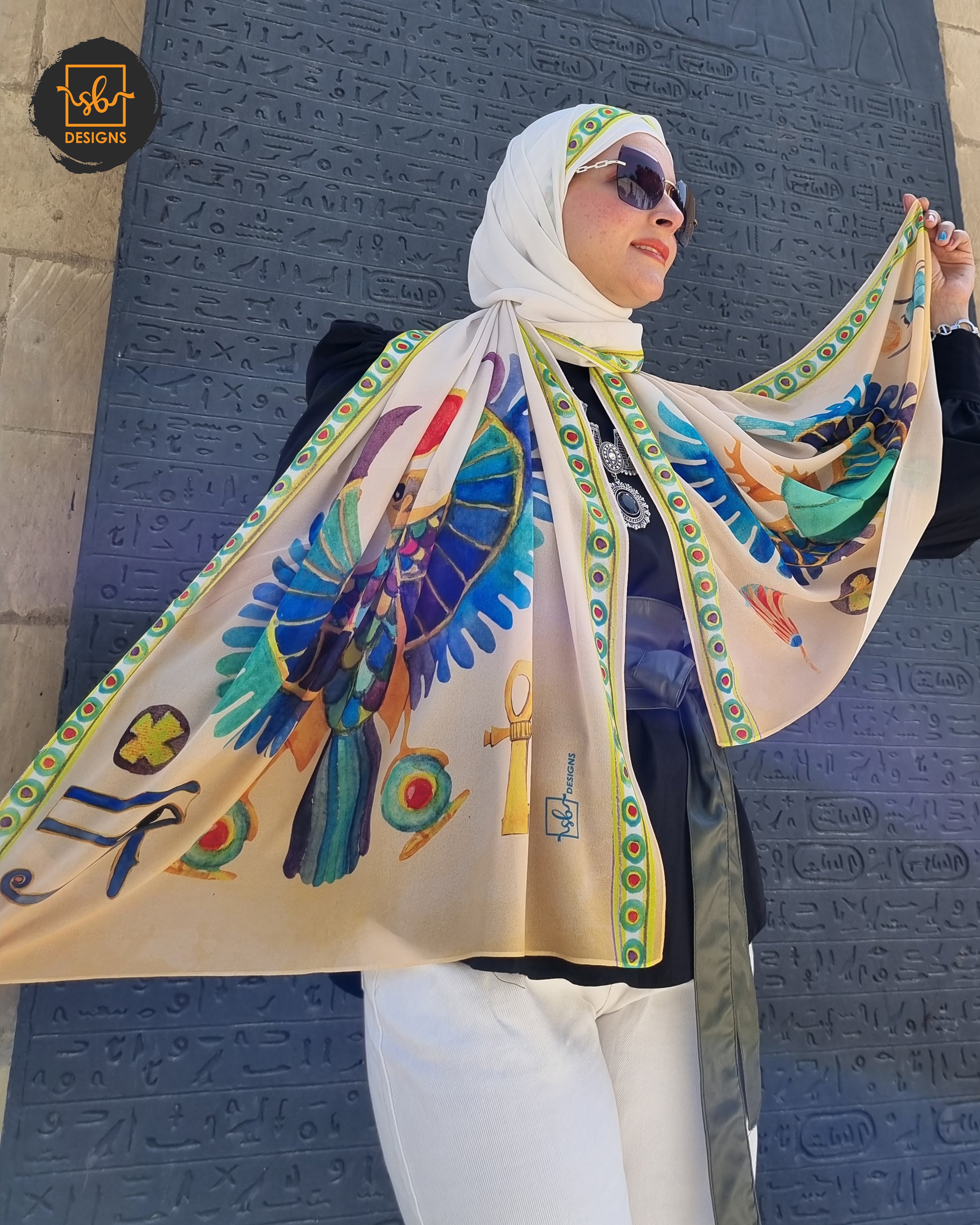 Cream Pharaonic Eagle Chiffon Scarf