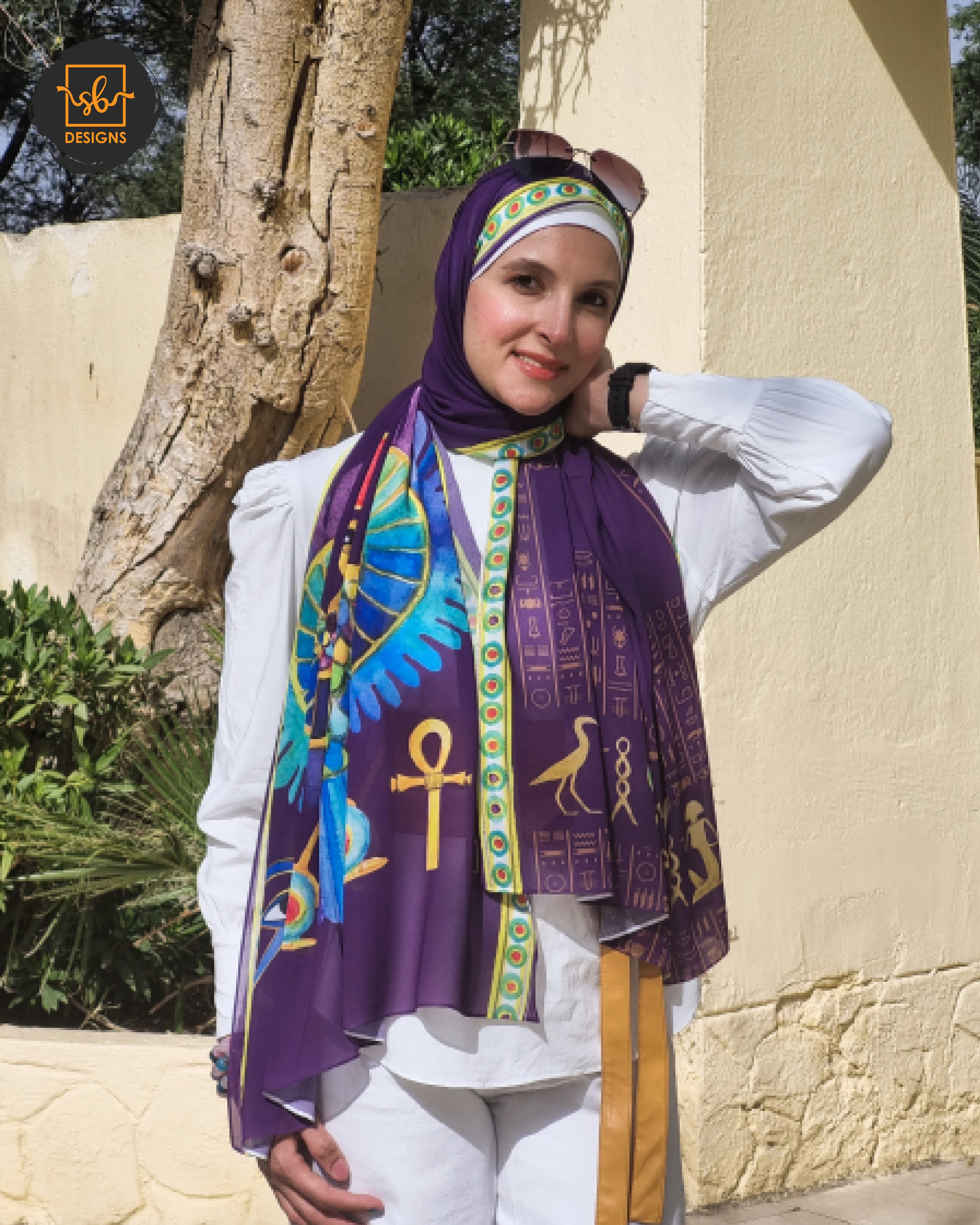 Purple Pharaonic Eagle Chiffon Scarf