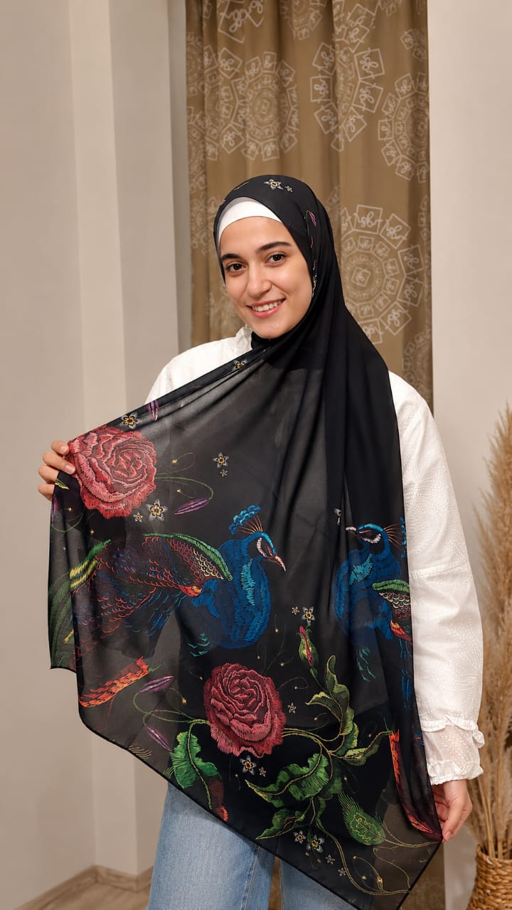Black Peacock Chiffon Scarf