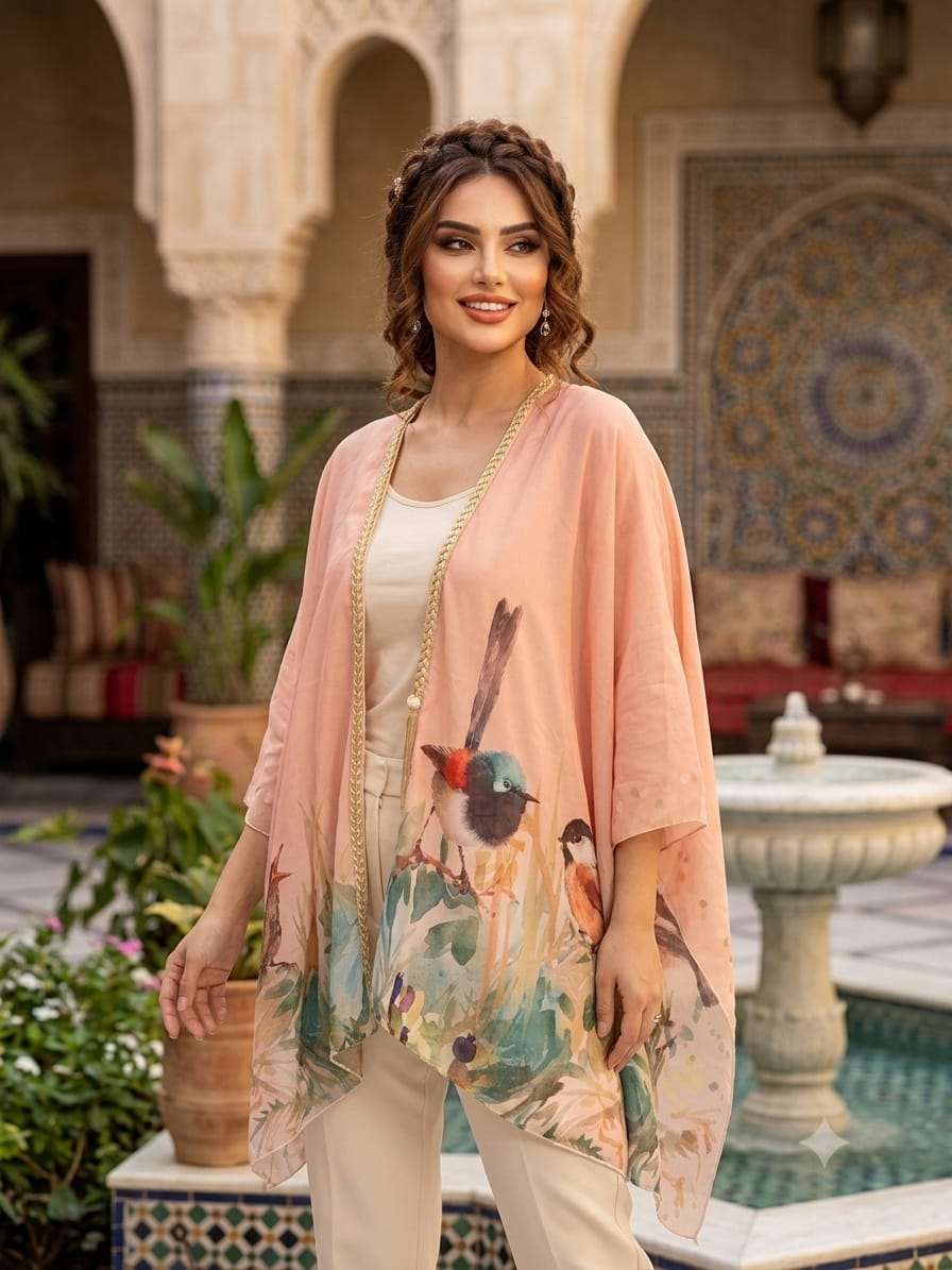 Kashmir Birds chiffon poncho