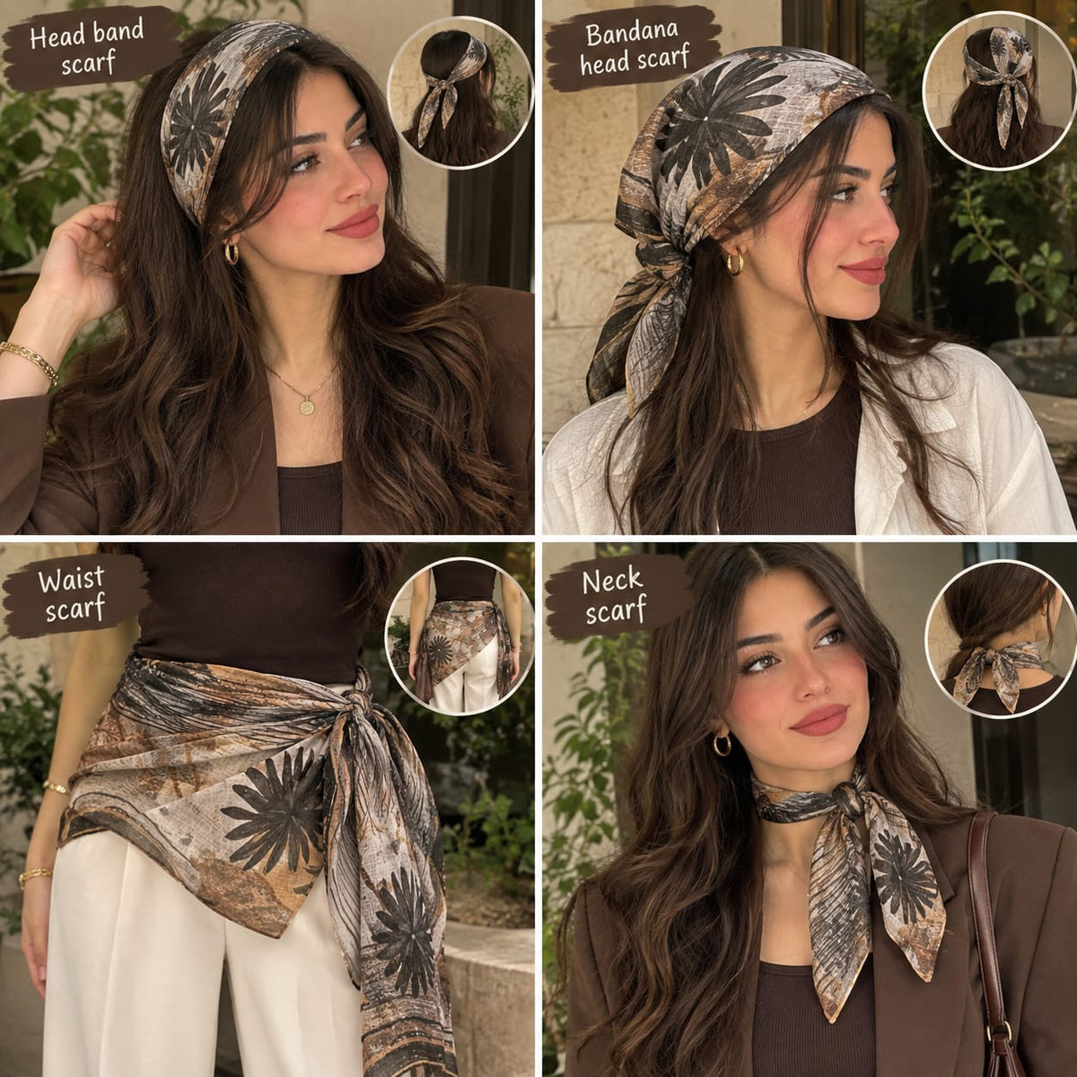 Grey Black Flower Scarf Satin
