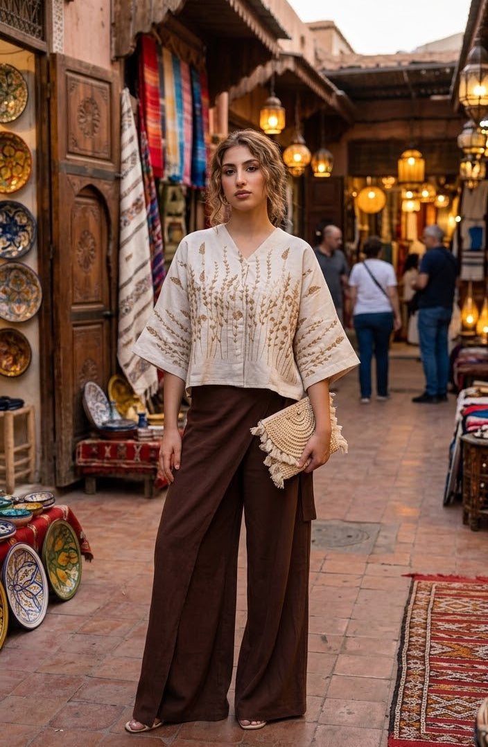 Beige Linen Embroidery Blend Blouse