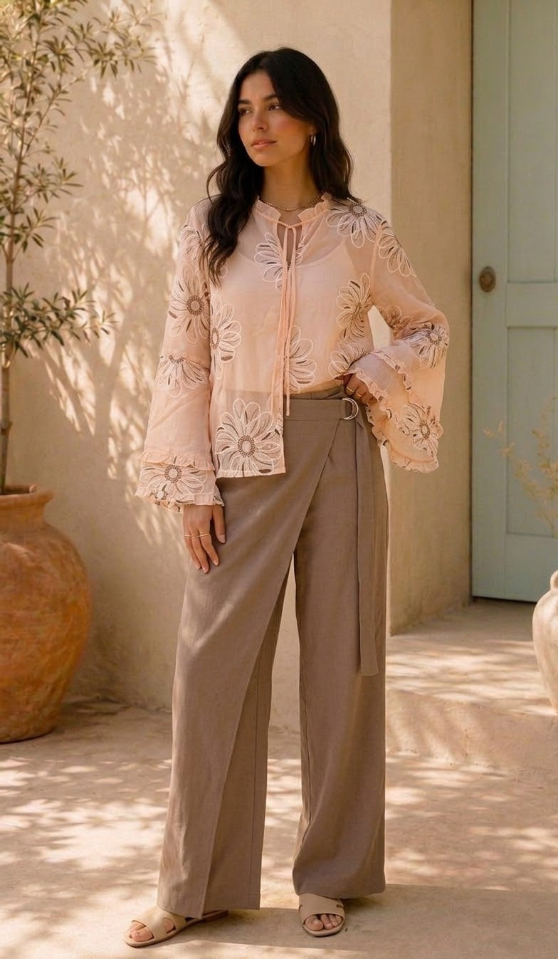 Beige Embroidery Flower Blouse