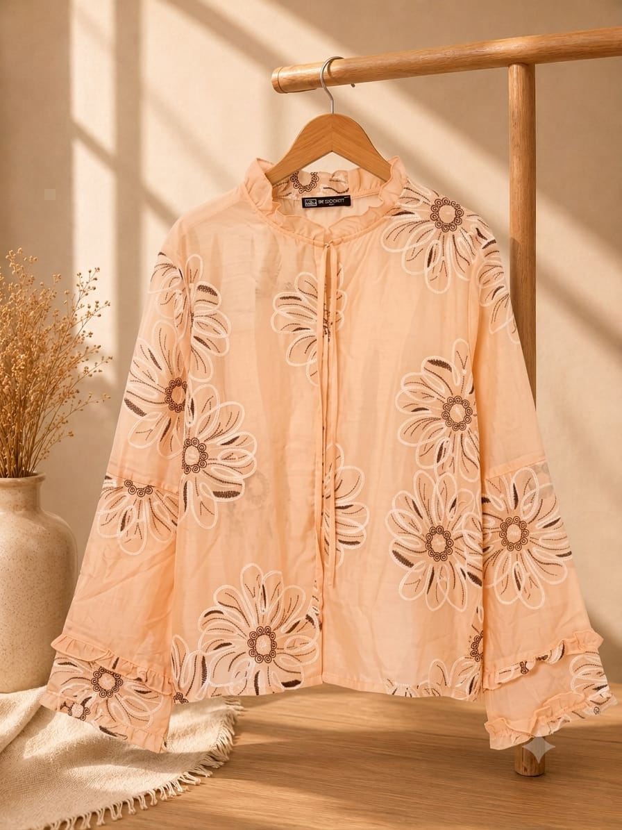 Beige Embroidery Flower Blouse