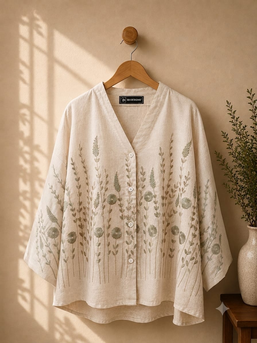 Green Linen Embroidery blend blouse
