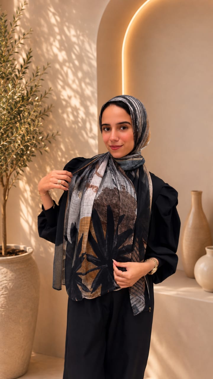 Grey Black Flower Cotton Feel Scarf