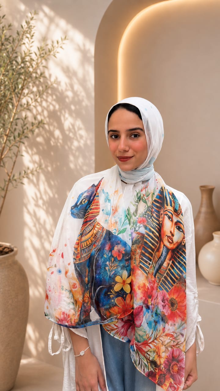 White Pharaonic Cat Cotton Feel Scarf