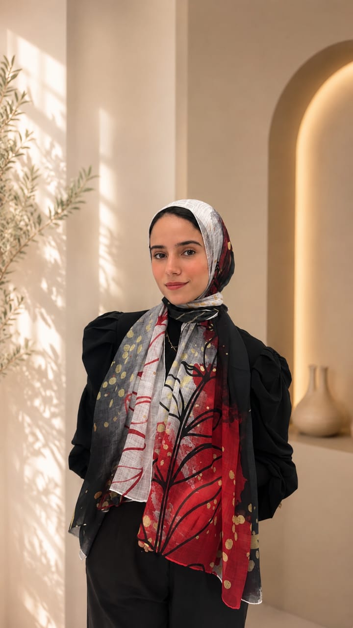 Black Red Leaves Cotton Feel Scarf