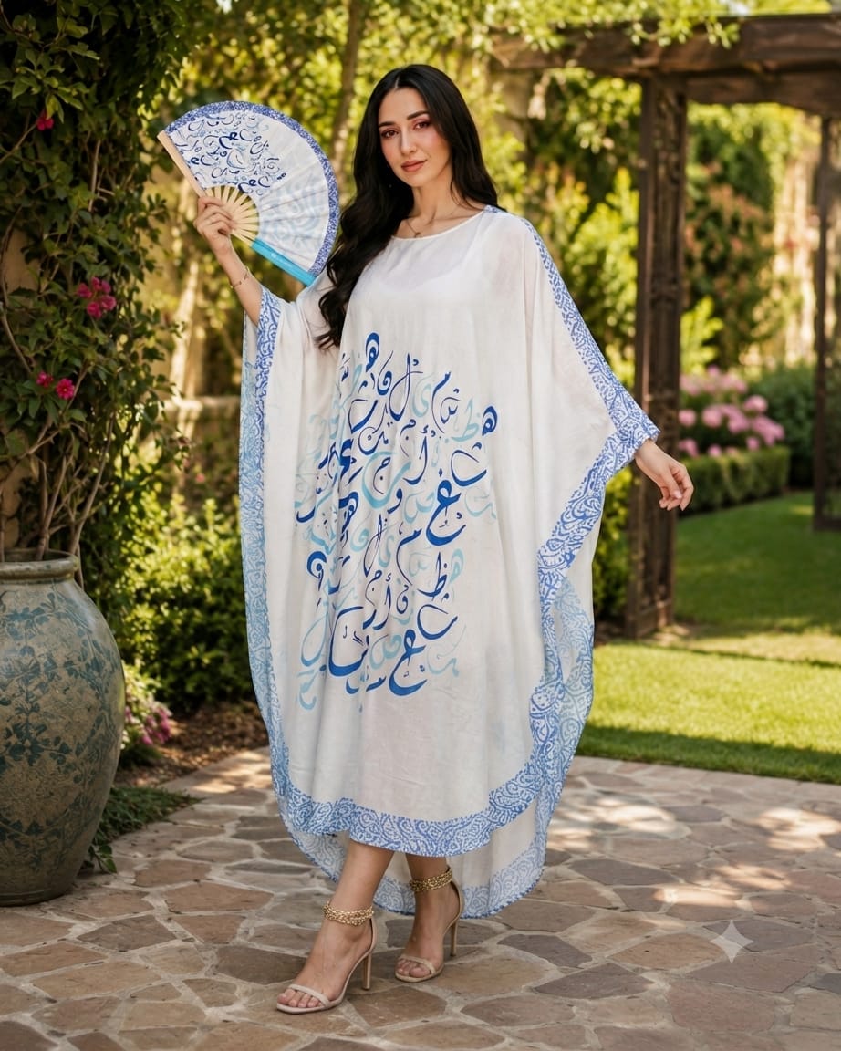 White Arabic Blue Loose Dress